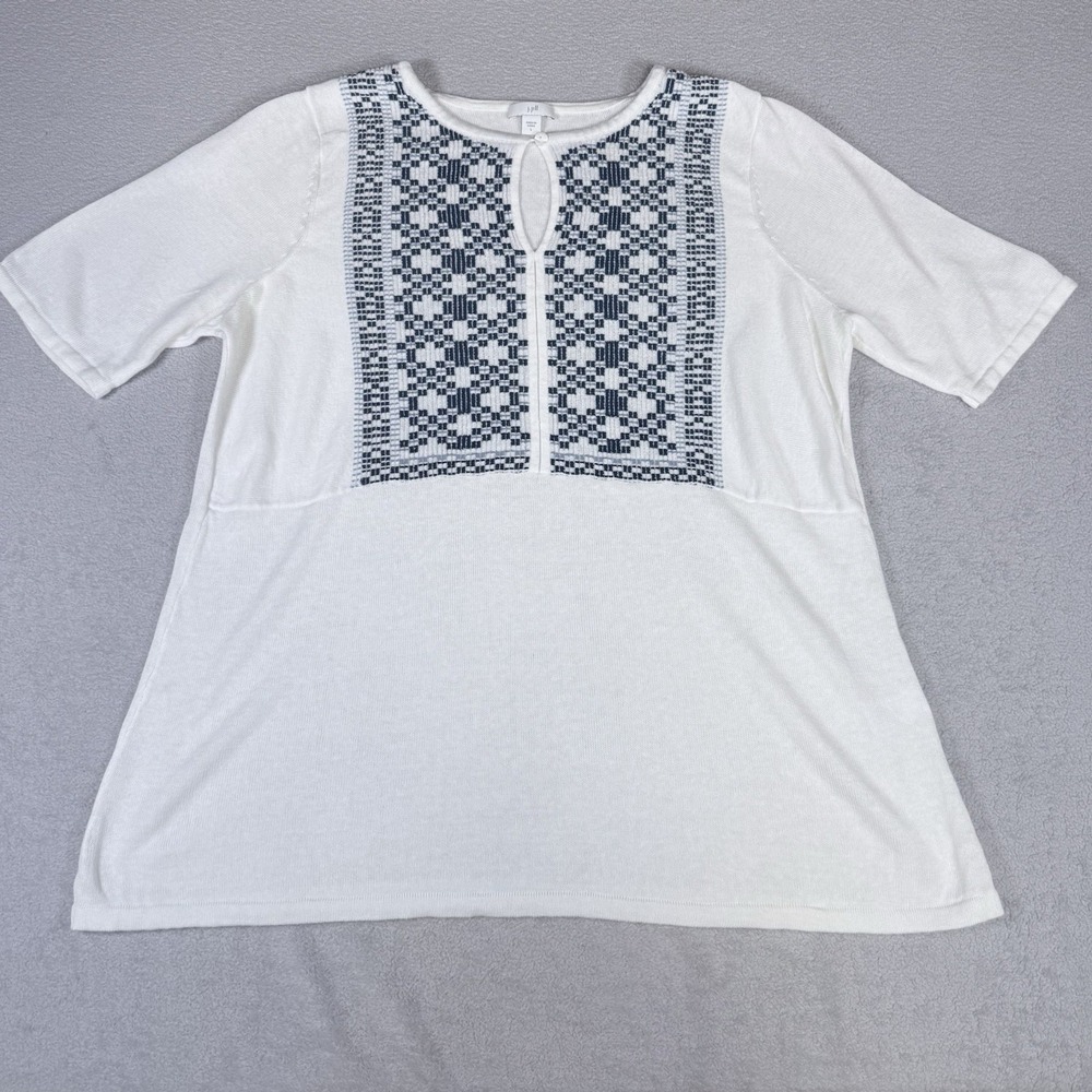 J. Jill Embroidered Knit Blouse Linen Blend Boho Coastal Grandma White Large
